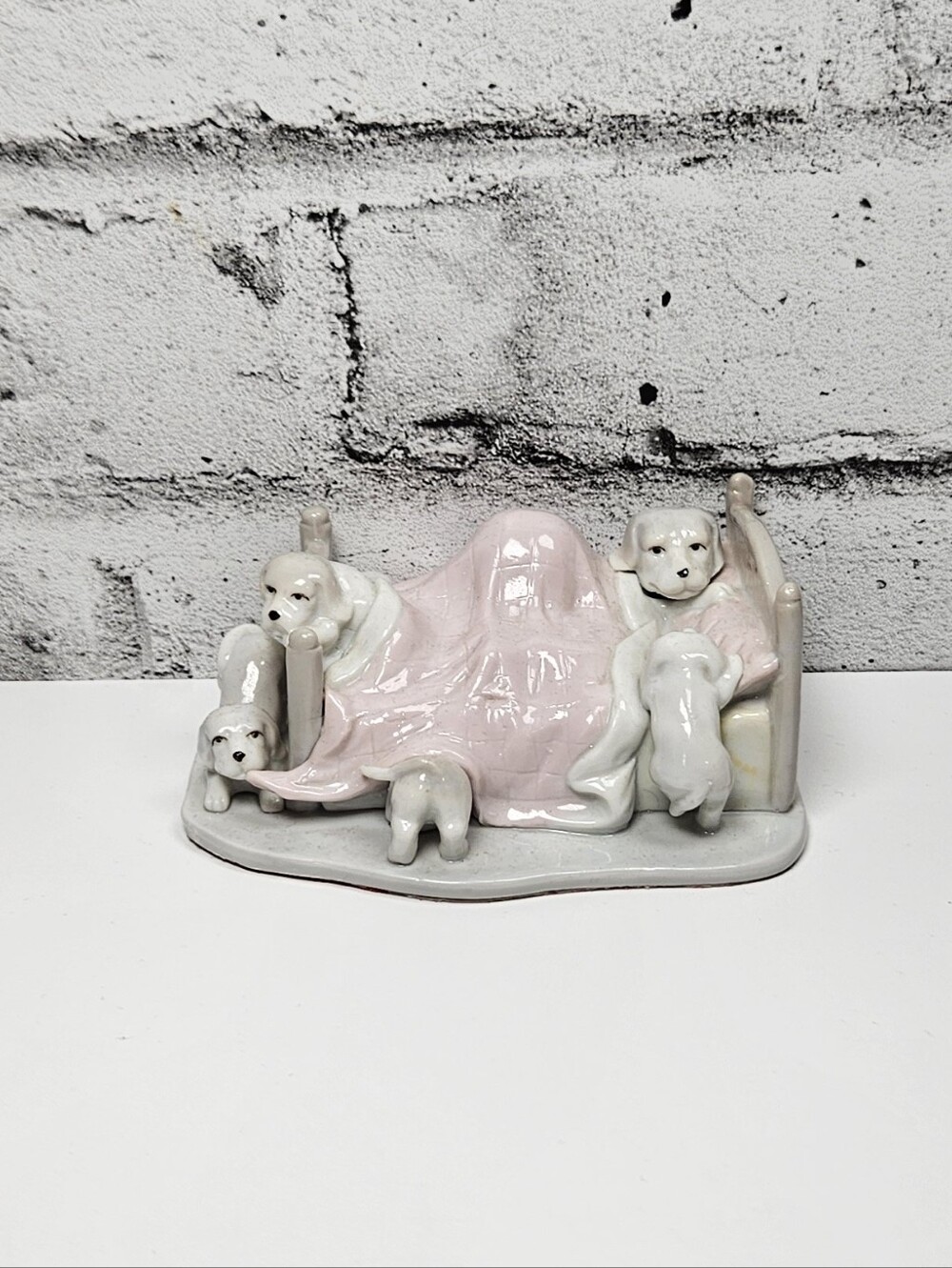 Vintage Porcelain Puppy Dog Bed Figurine Pink Quilt Nursery Decor